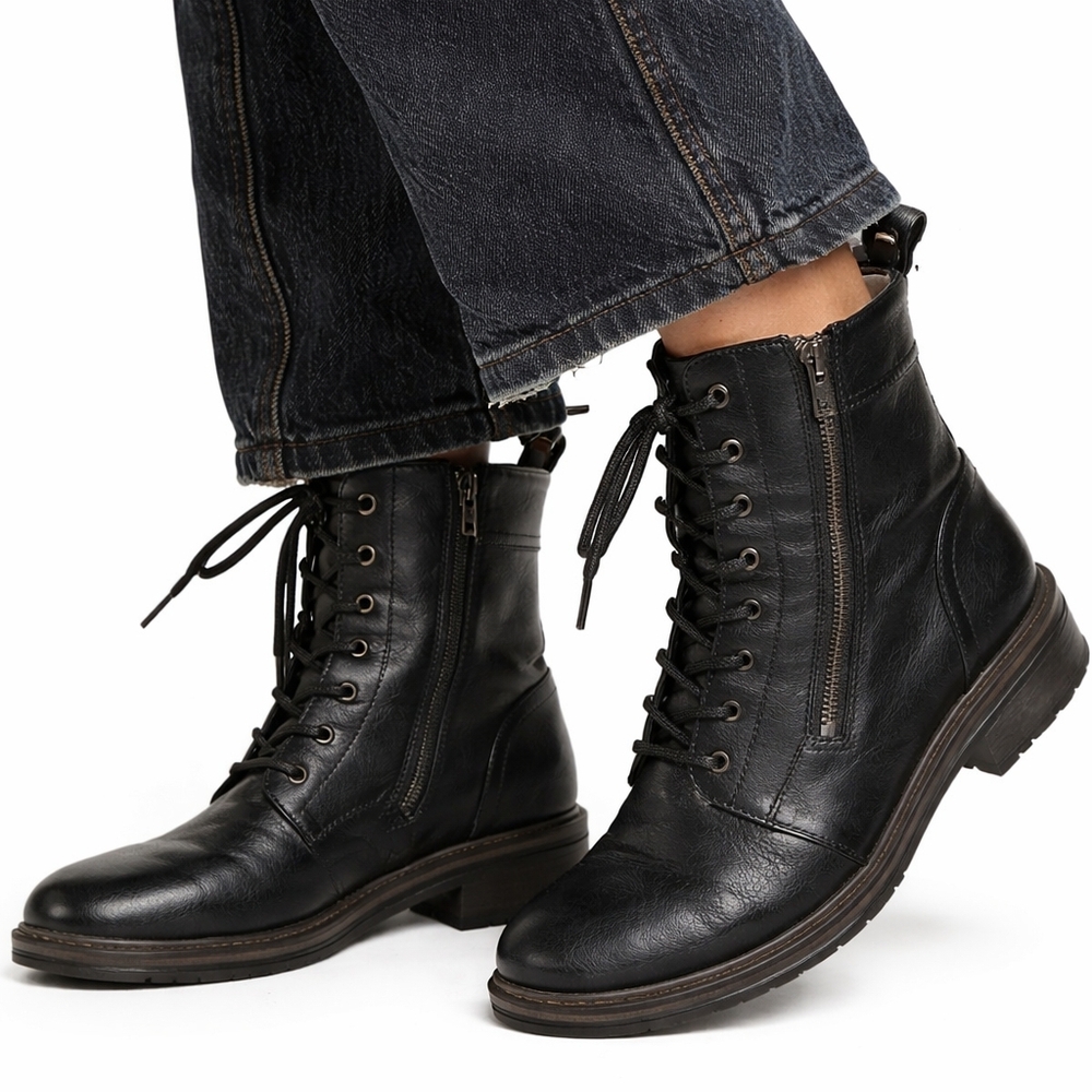 Baretraps Black Lace Up Combat Ankle Boots Side Zip Size 10